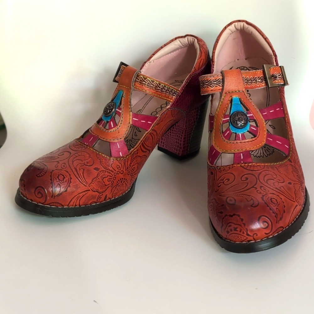 Socofy Boho Multi Colored T Strap Comfy Heels 38